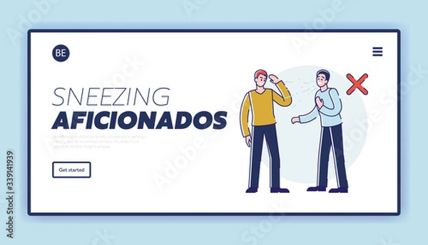 Fototapeta Website Landing Page. Infographic With Male Sneezing Character Not Covering His Mouth According Rules. Man Putting in Danger Another Person. Web Page Cartoon Linear Outline Flat Vector Illustration