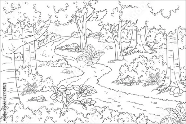 Fototapeta Coloring book landscape. Hand drawn vector illustration with separate layers.