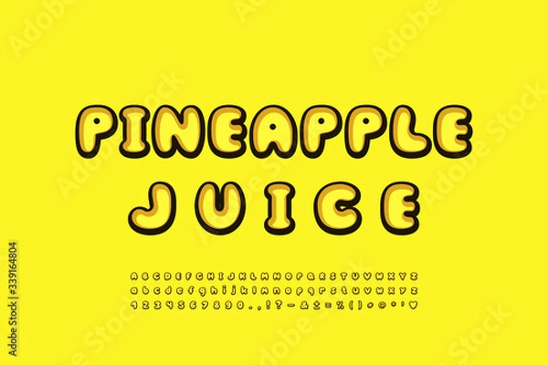 Fototapeta Bright yellow alphabet cartoon bubble font. Stylized retro style for food design. Uppercase and lowercase letters, numbers, symbols. Vector illustration
