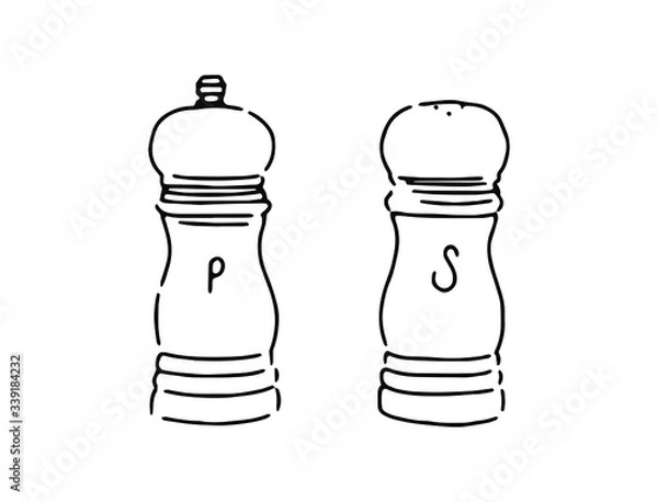 Obraz Isolated line sketch of salt and pepper shakers and grinders