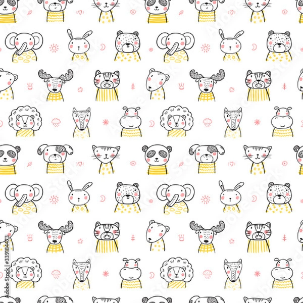 Fototapeta Cute Scandinavian Style Animal Faces Seamless pattern. Hand drawn Doodle Cartoon Animals. Vector Background for Kids
