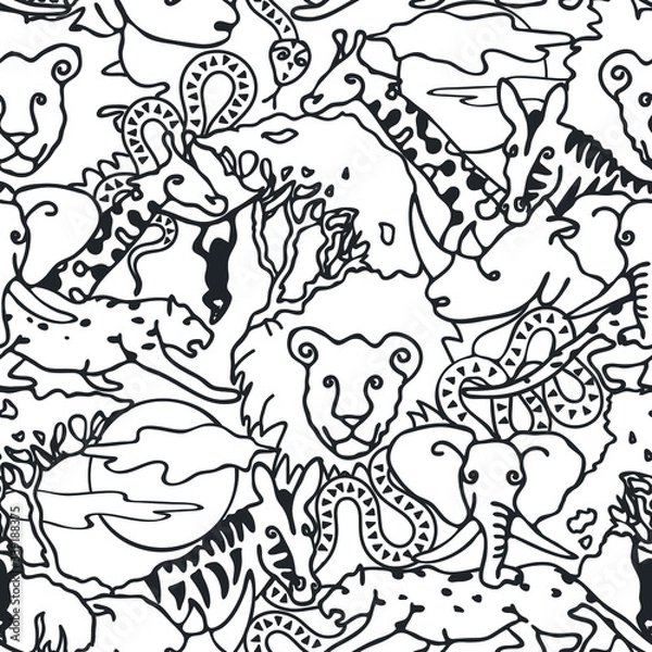Fototapeta Seamless vector pattern safari animal line art on white background. Simple African one line sketch art wallpaper design.
