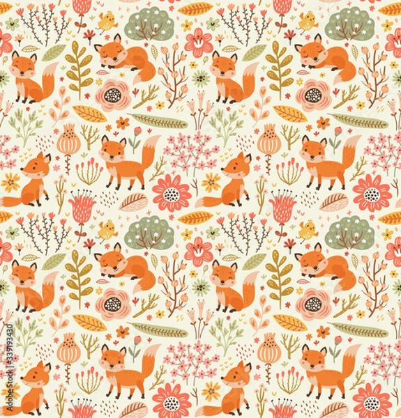 Fototapeta Forest seamless pattern with foxes and flowers.