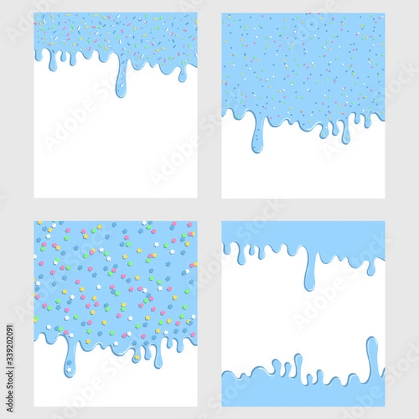 Fototapeta Blue donut glaze background set. Liquid sweet flow, tasty dessert topping with colorful stars and sprinkles. Ice cream drips. Doughnut vector illustration