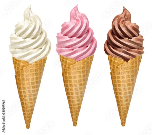 Fototapeta Strawberry, vanilla and chocolate whip soft ice creams or frozen custard in cone isolated on white background.  Including clipping path.