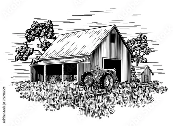 Obraz Old Farm Tractor and Barn
