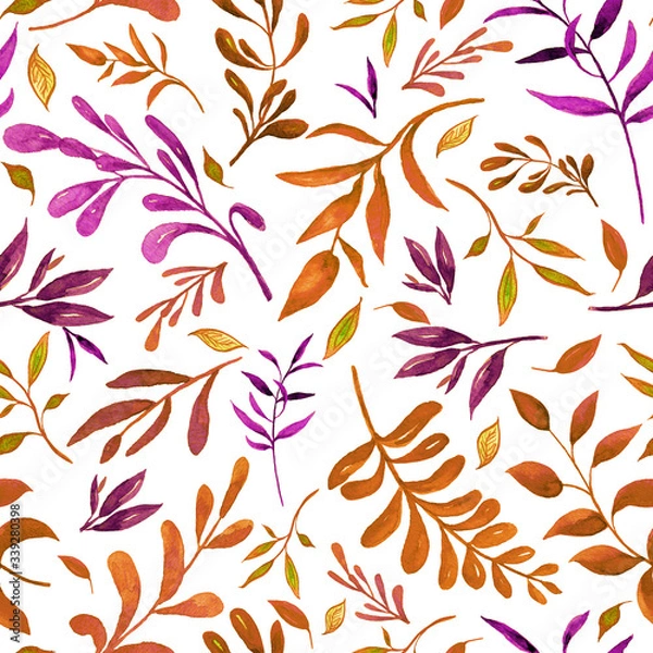 Fototapeta Colorful leaves texture pattern. Watercolor floral pattern.