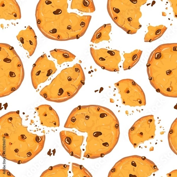 Fototapeta Seamless pattern with homemade choco chip cookies with chocolate crisps isolated on white background. Vector pattern in cartoon flat style.