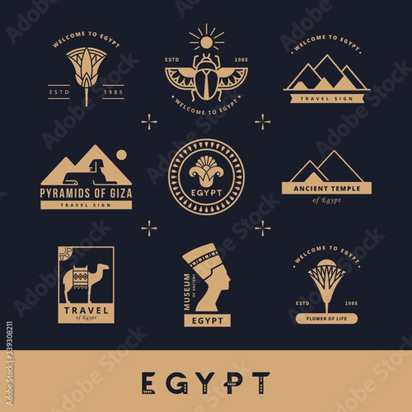 Fototapeta A large collection of vector logos on travel, Egypt and abstract topics.