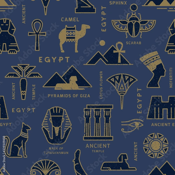 Fototapeta A seamless pattern based on the symbols of ancient Egypt. Cats, lotus flowers, camels, buffaloes and more