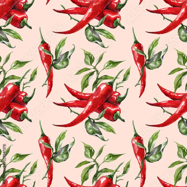 Obraz Seamless watercolor red hot chili peppers background pattern. Hand drawing chilli
