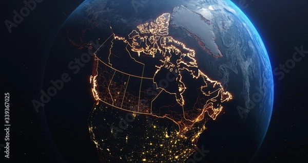 Obraz Canada map outline view from space, globe planet earth, red glow color, elements of this image courtesy of NASA