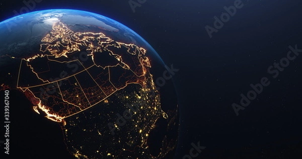 Obraz Kanada mapa kontur widok z kosmosu, globus planeta ziemia, kolor czerwony blask