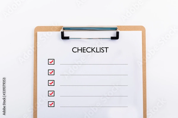 Obraz "CHECKLIST" concept. Note pad and white paper on white background, copy space