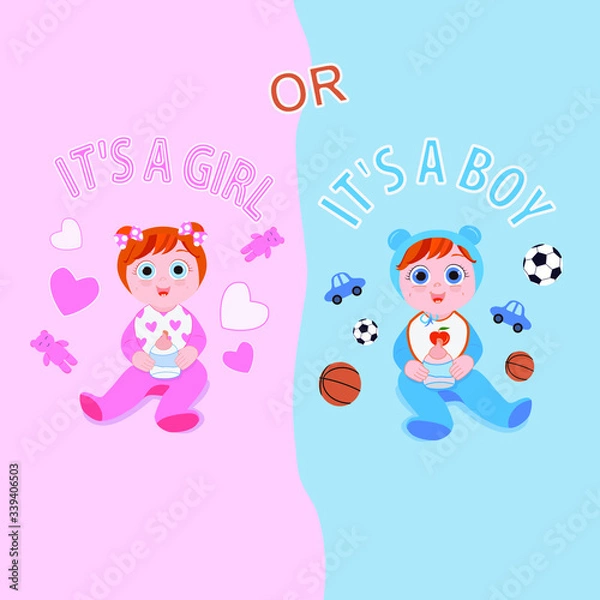 Fototapeta Image of cute cartoon boy with cars and balls on a blue background and girls with hearts and bears on pink in a flat style. There is an inscription "This is a boy or this is a girl."