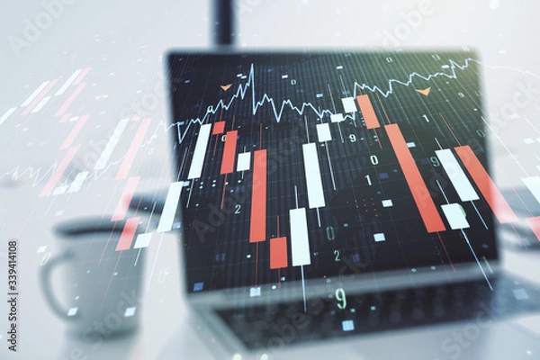 Fototapeta Double exposure of creative abstract global crisis chart with world map hologram on laptop background. Financial crisis and recession concept