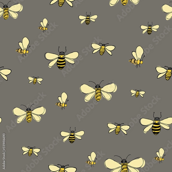Fototapeta Bees flying around on light gray background seamless vector pattern surface design honeybees