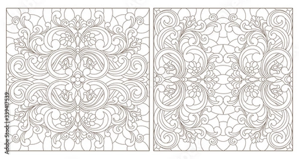 Fototapeta Set contour illustrations of stained glass with abstract swirls and flowers , square image