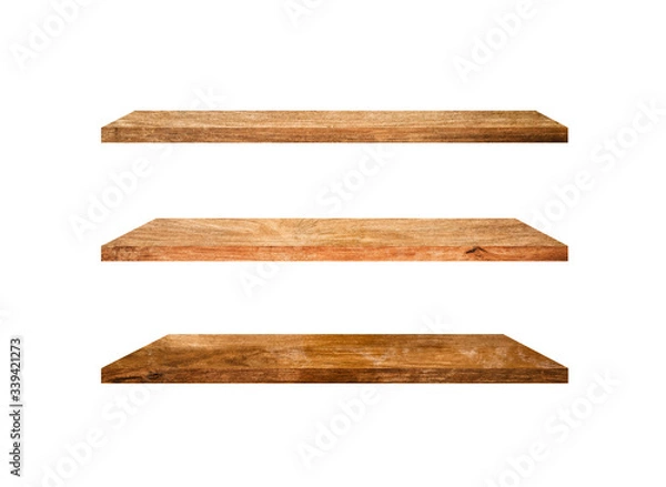 Fototapeta 3 Retro wood shelves isolated on white background with copy space and clipping path for work