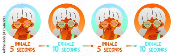 Obraz Vector step by step instruction for beginners in pranayama. A cute swarthy gray-haired grandmother is doing breathing practice. Infographics to illustrate a quick way to calm down before bedtime.