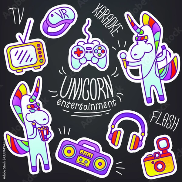 Obraz Set of vector stickers unicorn entertainment. TV, joystick, virtual reality goggles VR, headphones, camera, tape recorder, karaoke, microphone, movie, popcorn. Electronic gadgets, technology for fun
