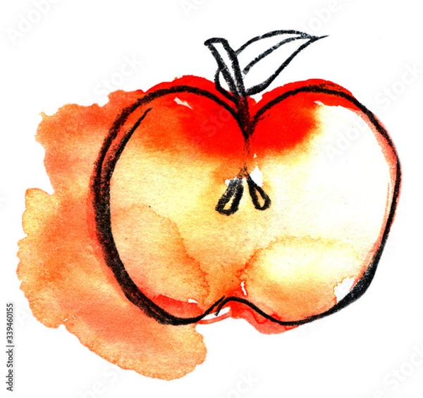 Fototapeta cut ripe red apple with leaf watercolor