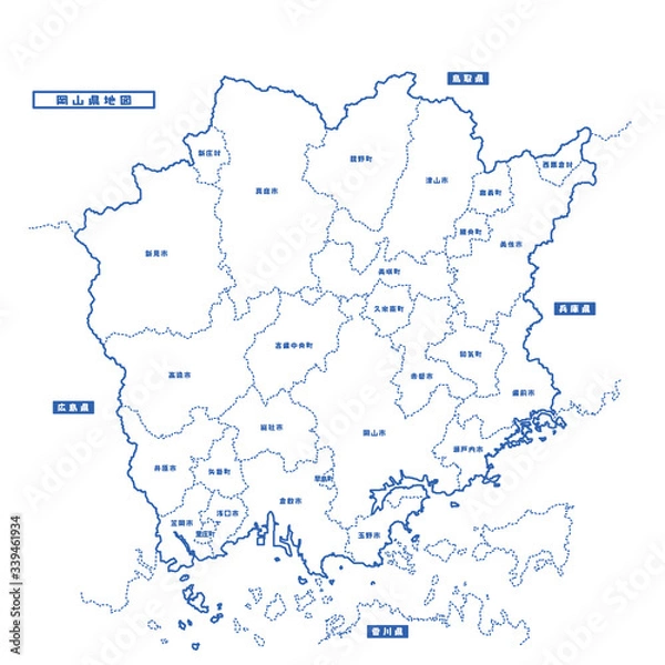 Obraz 岡山県地図 シンプル白地図 市区町村