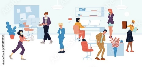 Fototapeta Workers, employees, managers in medical masks sitting at computer desks, carrying papers, cup, going, coughing, sneezing at office. People are afraid of getting infected. Vector flat illustration.