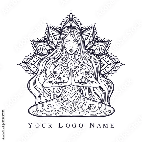 Fototapeta Ornamental woman in a yoga pose Vector illustration in ethnic, boho styles.