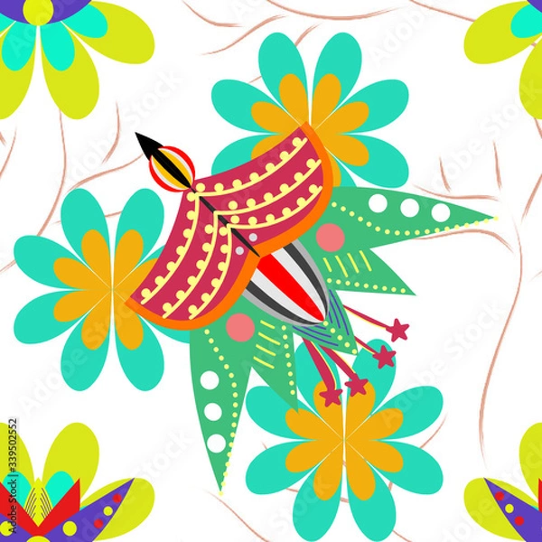 Obraz Bird and flower folk repeat pattern