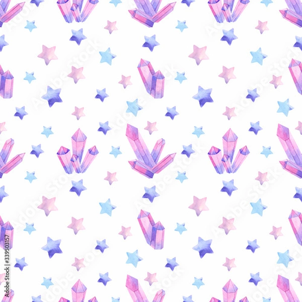 Fototapeta Cute seamless pattern with stars and pink and blue  crystals isolated on white watercolor rainbow and clouds for textile, fabric 