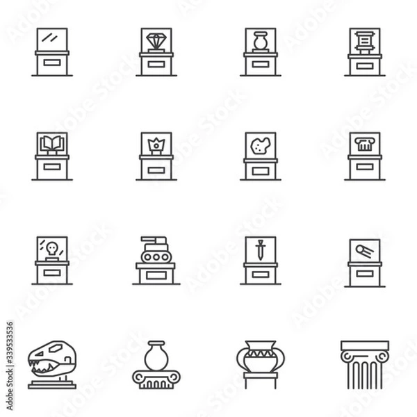 Obraz Museum ancient exhibits line icons set. linear style symbols collection, outline signs pack. vector graphics. Set includes icons as ancient amphora, dinosaur, ancient architecture column, parchment