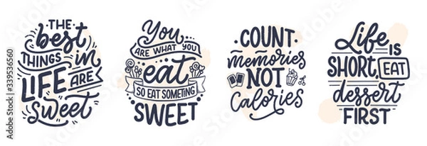 Fototapeta Set with funny sayings, inspirational quotes for cafe or bakery print. Embossed tape and brush calligraphy. Dessert lettering slogans in hand drawn style. Vector