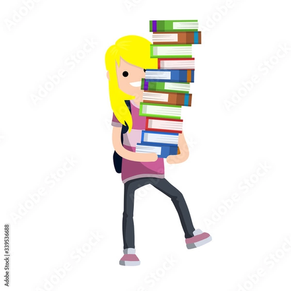 Fototapeta Funny girl student carries heavy stack of books. Problems of teaching children. comic situation. textbooks and notebooks of women - Cartoon flat illustration