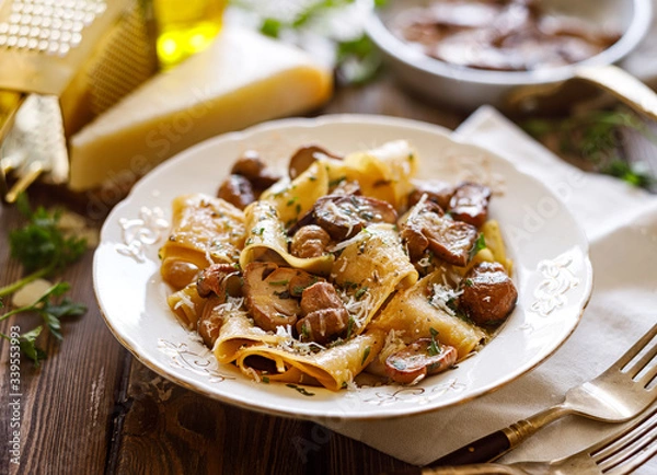 Fototapeta Pappardelle pasta with porcini mushrooms, sprinkled with parmesan cheese and chopped parsley in a ceramic plate on a wooden table, close up. 