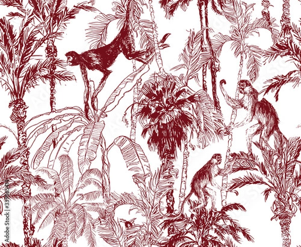 Obraz Monkeys Climbing Palm Trees, Jungle Forest Lithography Etching Illustration, Exotic Wallpaper Design Wildlife Brown on White Background, Banana Leaves with Wild Animals Seamless Pattern