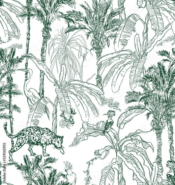 Obraz Seamless Pattern Palm Trees Jungle Lithograph Outline, Leopard, Parrots, Hoopoe Animals and Birds in Tropical Plants, Doodle Drawing Exotic Trees Blue on White Background