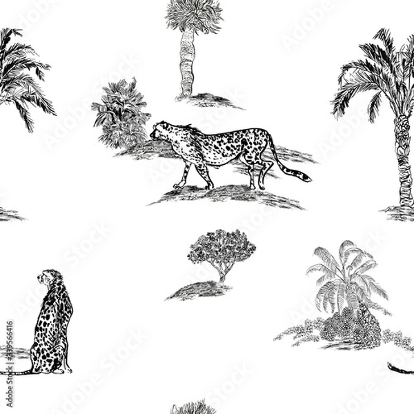 Obraz Seamless Pattern Safari Cheetah Animals in Desert, Exotic Plants, Wildlife Animals Engraving Drawing, Black and White Africa Doodle Drawing, Etching Leopard  Textile