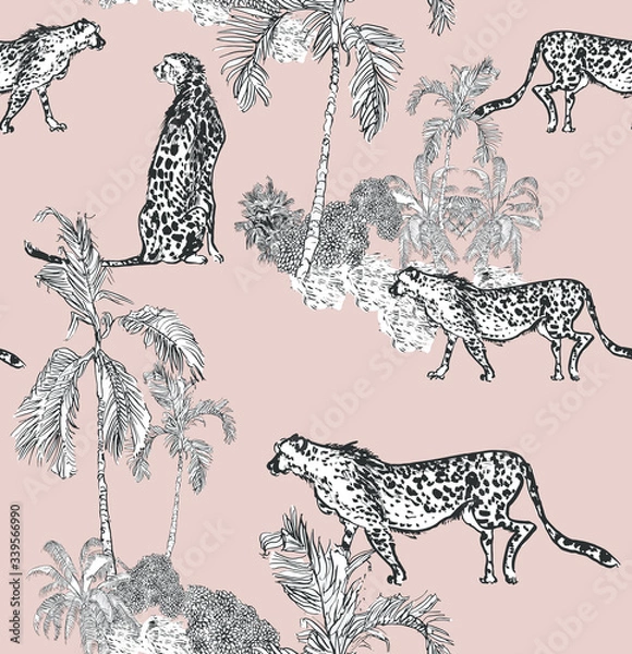 Obraz Seamless Pattern Tropical Jungle Lithograph Illustration Cheetah Animals on Safari Desert, Wildile in Palm Trees Doodle Drawing on Pink Background, African Motifs Textile Design