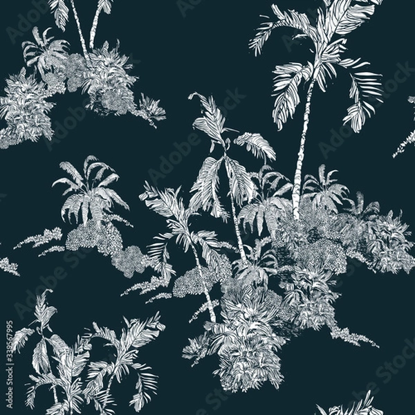 Obraz Seamless Pattern Tropical Plants on Islands with Big Palm Navy Blue Background