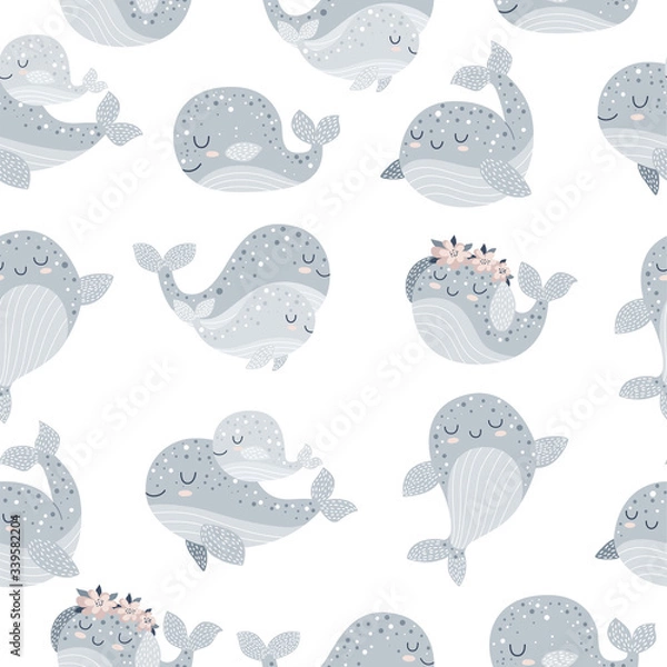 Fototapeta Vector seamless pattern with cute whales