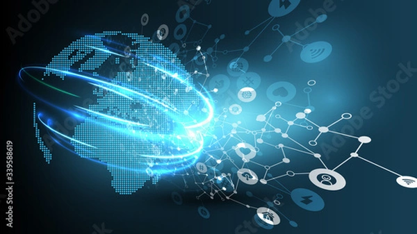 Fototapeta Blue abstract network backround with globe, vector illustration