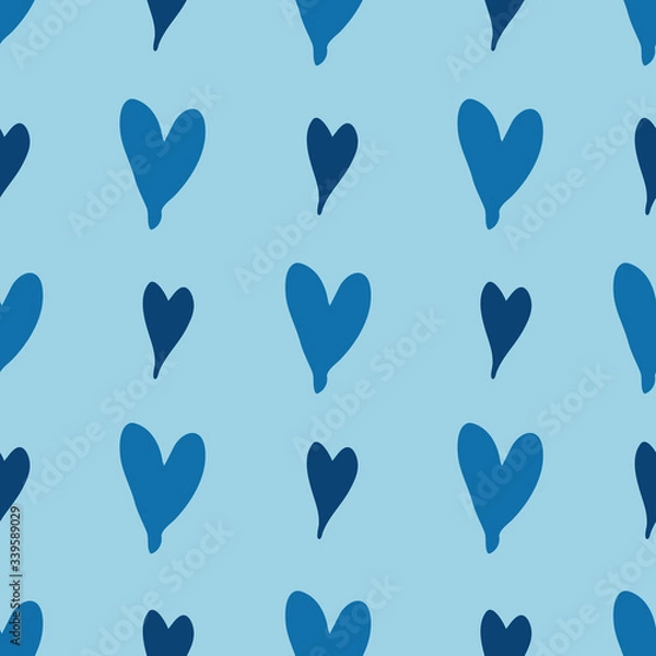 Obraz Vector Seamless Pattern. Rows of hand-drawn classic blue and light blue hearts on a light background. Unusual color perfect for Valentine's day surprise