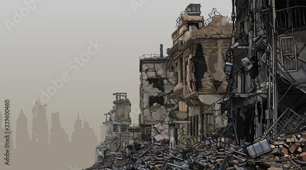 Fototapeta tło miejskie ruiny zrujnowanych budynków ze śmieciami poniżej