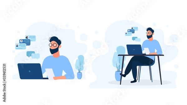 Fototapeta Set of men working on a laptop. The guy is sitting at the table with a laptop. Flat style. Good for image work, office, hiring staff. Vector illustration