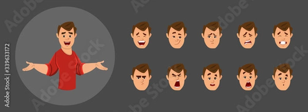 Fototapeta young office worker character with different facial expression set.