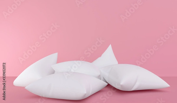 Fototapeta A pile of white pillows on a soft pink background. 3D rendering.