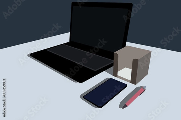 Fototapeta Laptop, smartphone, notepad, pen on the table. The workplace of a business person. Color vector illustration.