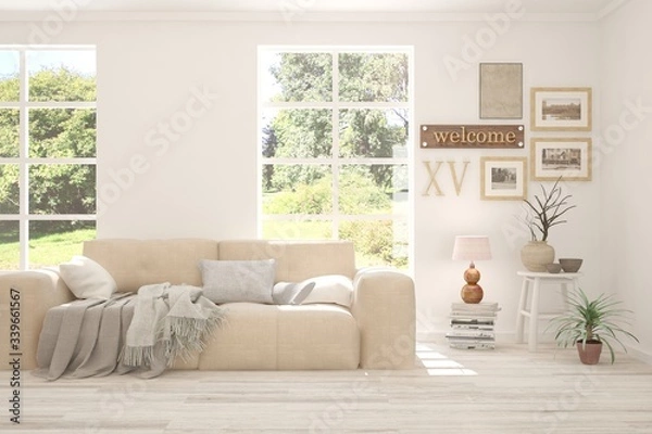 Fototapeta White minimalist living room with sofa. Scandinavian interior design. 3D illustration