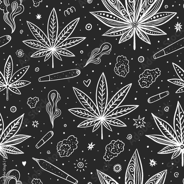 Obraz Hand drawn doodle seamless pattern with cannabis equipment on Chalkboard. Weed background.